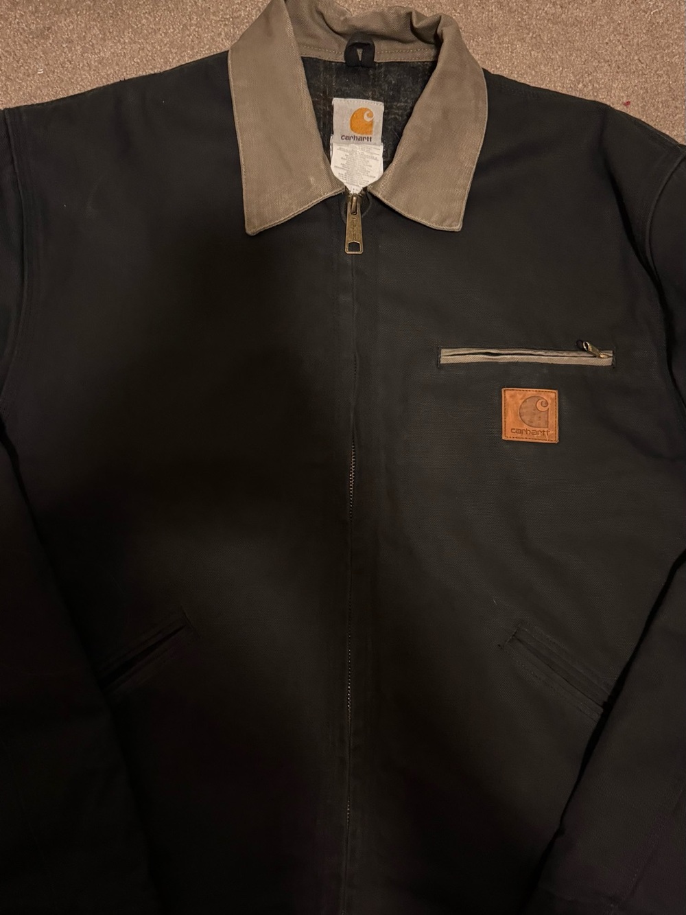 Carhartt Men's Black Work Jacket with Tan Collar
